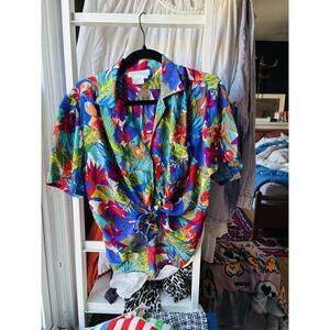 Vintage Tropical Rainbow Multicolor Silky Blouse 80S L/XL Womens